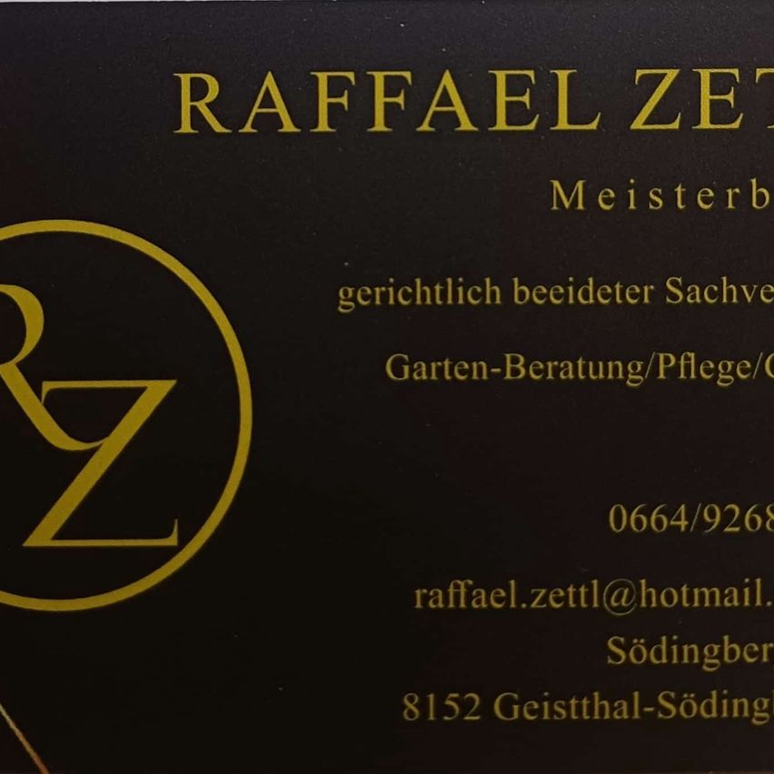 Eine schwarze Visitenkarte mit einem gelben Logo, das RZ liest. Es gehört Raffaele Zett, einem gerichtlich bestellten Gartenberater. Kontaktdaten sind die Telefonnummern 0664/9268 und raffael.zett1@hotmail.com. Die Adresse lautet 8152 Geisthal-Söding.