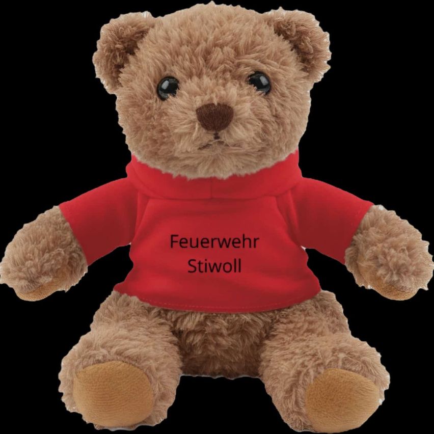 Ein brauner Teddybär trägt ein rotes T-Shirt mit der Aufschrift 'Feuerwehr Stiwoll'. Der Bär hat schwarze Augen und eine braune Nase.
