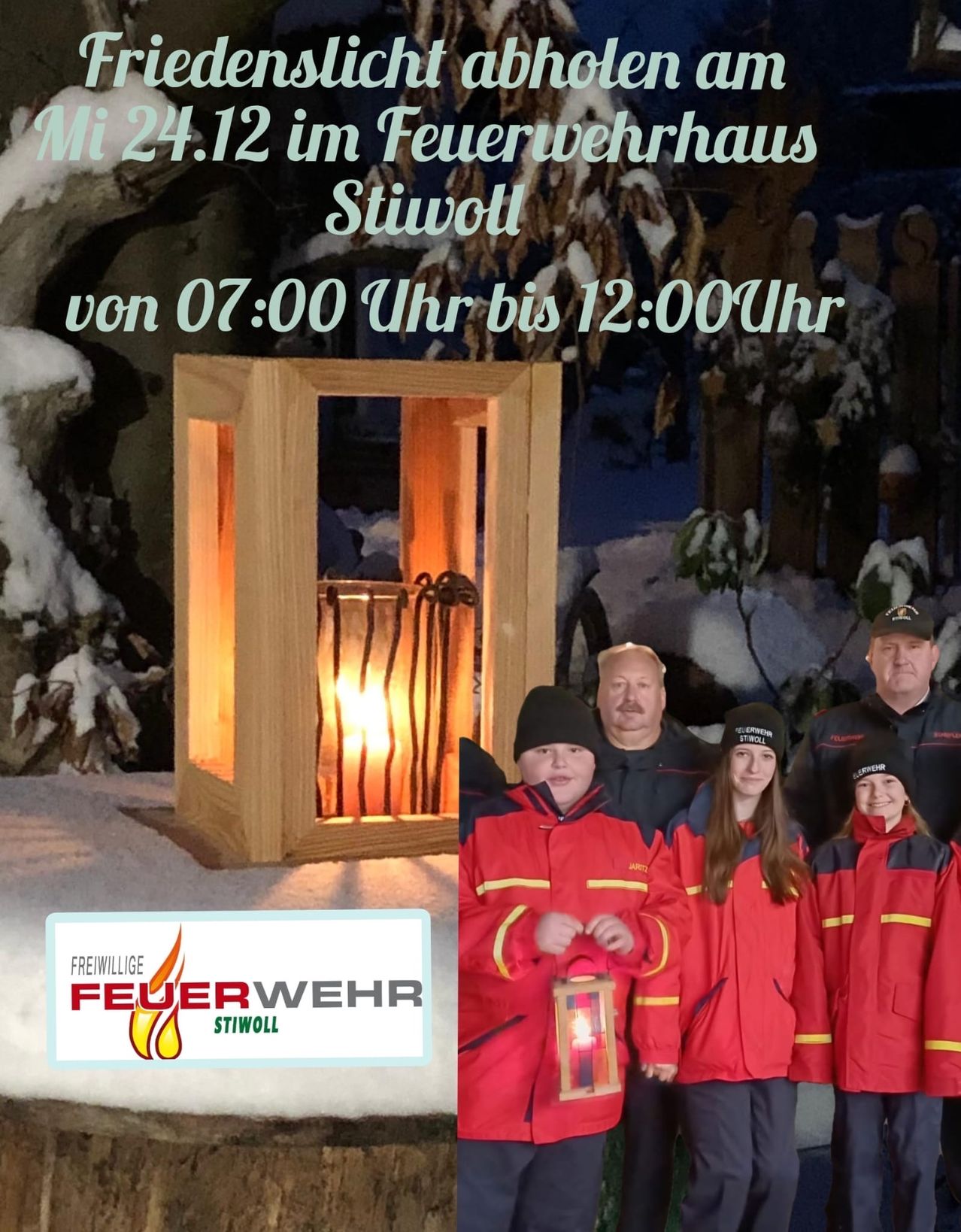 Eine Gruppe von Menschen in roten Uniformen steht vor einem Feuer. Sie lächeln für ein Foto. Das Bild stammt von der Freiwillige Feuerwehr Stiwol.