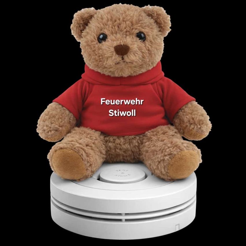 Ein brauner Teddybär mit einem roten T-Shirt, auf dem 'Feuerwehr Stiwoll' steht, sitzt auf einem weißen Rauchmelder.