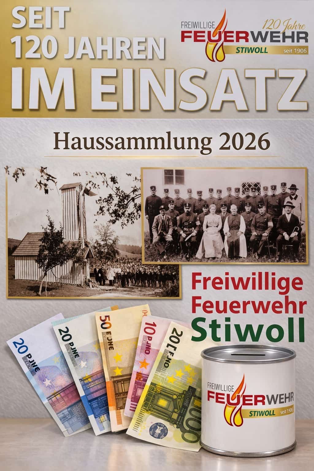 Ein Plakat für die Haussammlung 2026, das ein historisches Bild einer Feuerwehrgruppe, einer Kirche und einer Spendendose mit Bargeld zeigt. Der Titel lautet 'Im Einsatz' und 'Haussammlung 2026'.