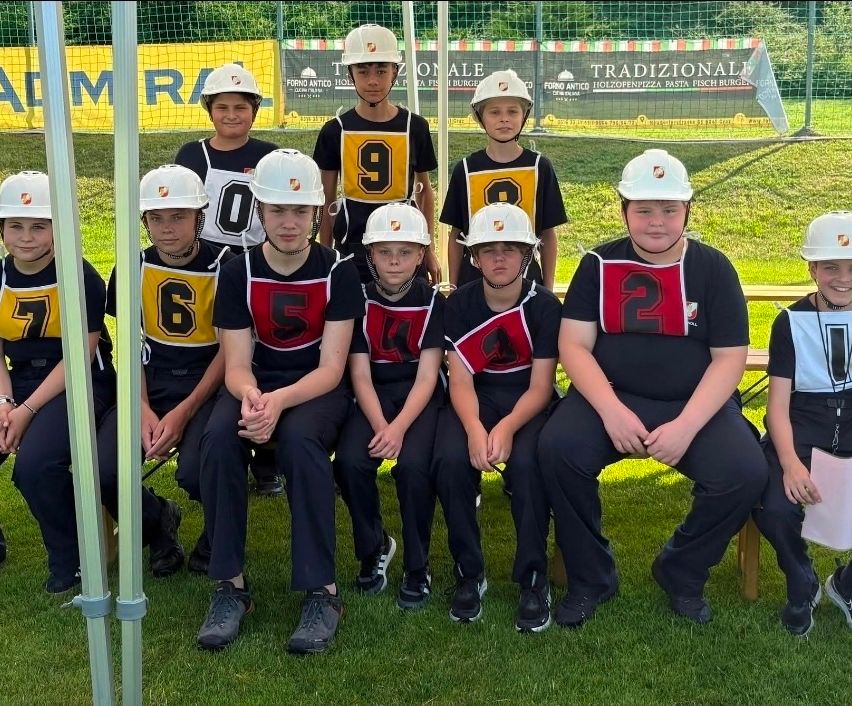 Eine Gruppe junger Athleten in einheitlichen Trikots mit den Nummern 0, 2, 4, 5, 6 und 9 sitzt zusammen auf einer Bank und trägt weiße Helme.