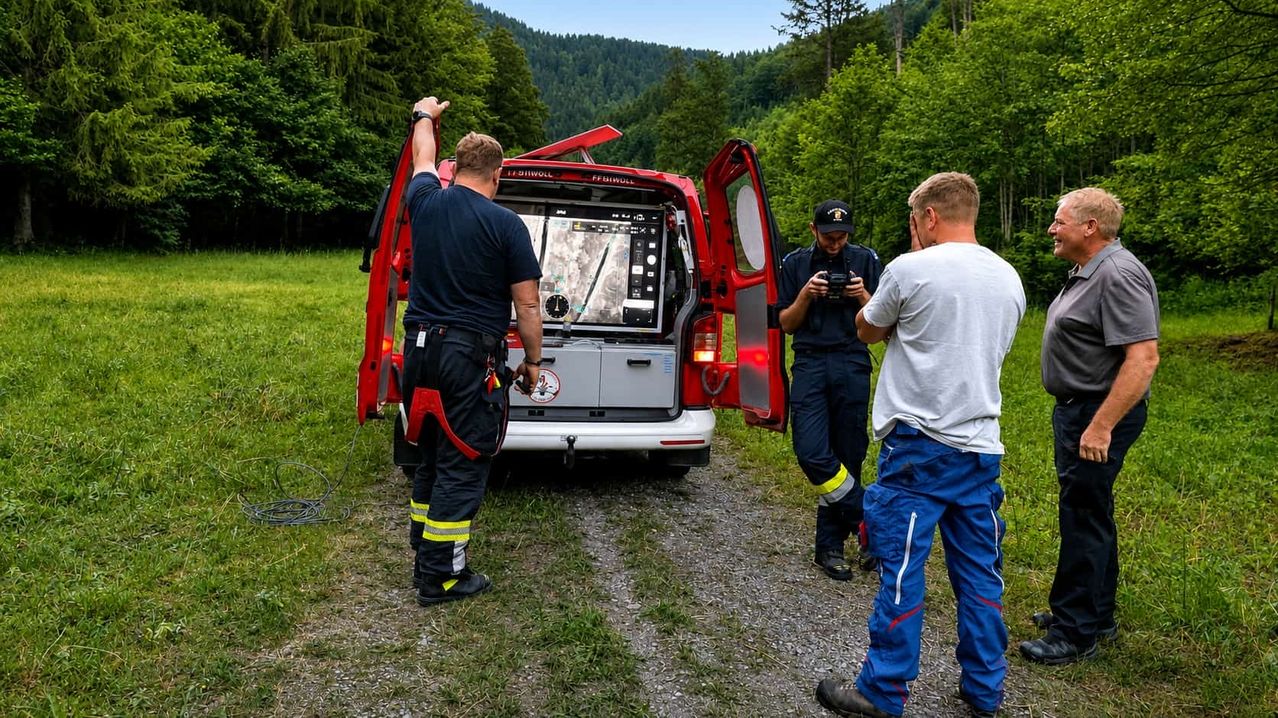 Drei Personen in Uniform stehen neben einem roten Fahrzeug. Einer hält eine Karte auf einem Bildschirm, ein anderer macht ein Foto mit einer Kamera, und der dritte schaut zu ihnen.