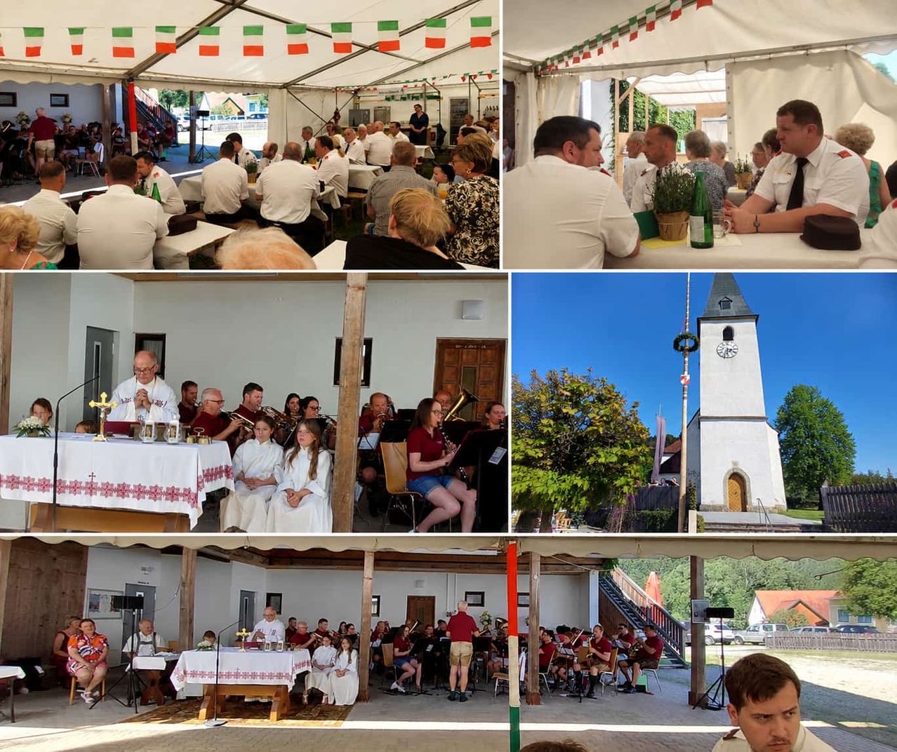 Vier Bilder zeigen ein Musikevent. Das erste zeigt Leute in weißen Hemden unter einem Zelt. Das zweite hat Menschen, die um Tische herumsitzen. Das dritte zeigt eine Band, die spielt. Das vierte zeigt eine Kirche mit einer Uhr.
