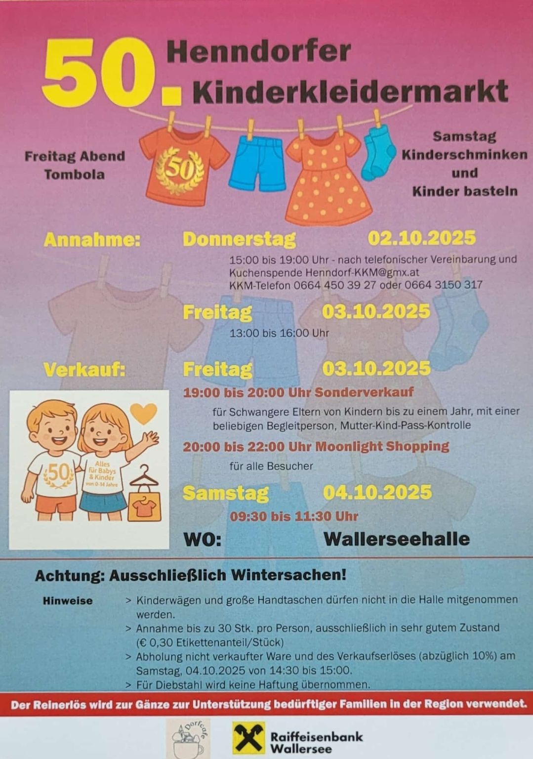 Plakat für einen Kinderbekleidungsverkauf mit Details für verschiedene Tage. Am 2. Oktober 2025 ist der Annahmezeitraum von 15:00 bis 19:00 Uhr. Am 3. Oktober 2025 beginnt der Verkauf um 13:00 Uhr und der Sonderverkauf für Mütter mit Kindern unter einem Jahr beginnt um 19:00 Uhr. Am 4. Oktober 2025 ist die Wallerseehalle von 9:30 bis 11:30 Uhr geöffnet.