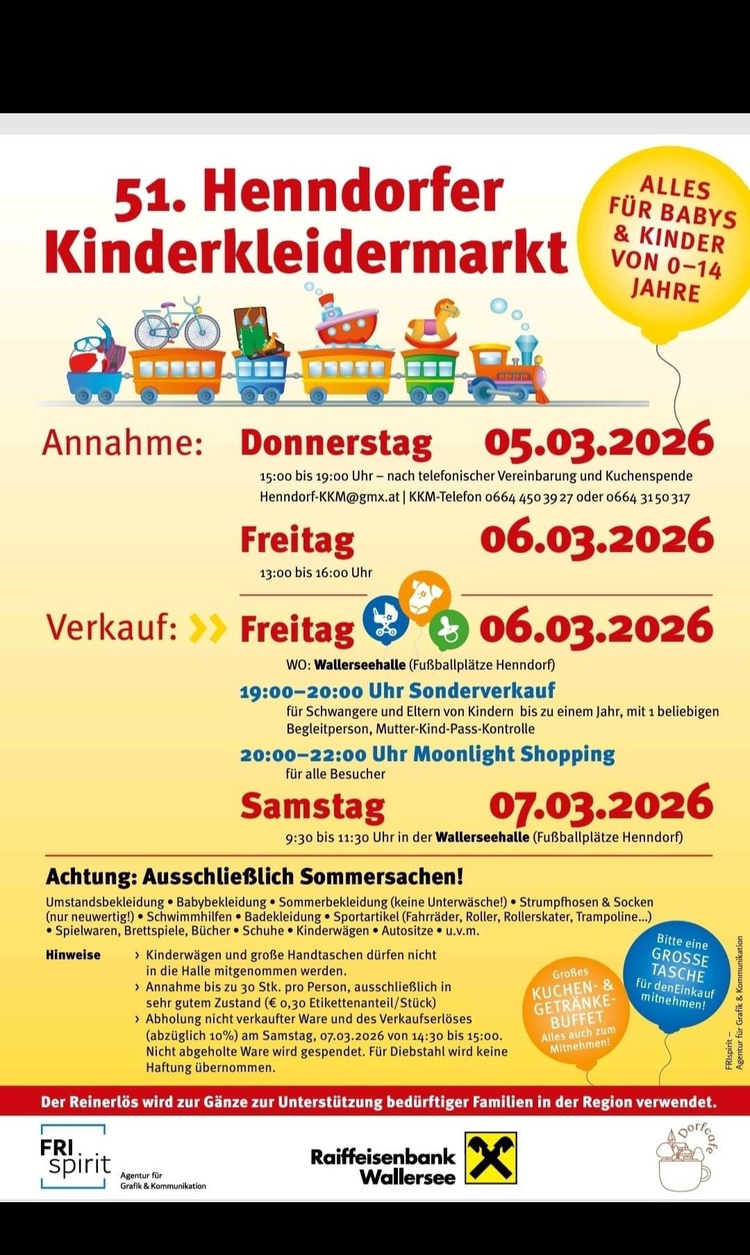 Flyer für einen Kinderkleidermarkt mit Annahme-, Verkaufs- und Mondlicht-Einkaufsterminen. Spezialverkauf für Eltern und Schwangere. Samstagsverkauf von Sommertaschen und Artikeln. Kinderwagen und große Handtaschen dürfen nicht in der Halle mitgenommen werden.