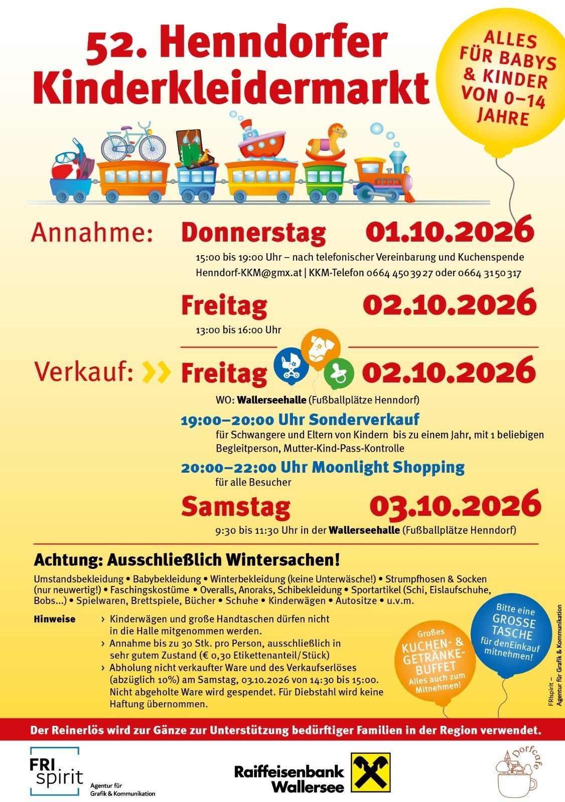 A colorful poster advertises an event on October 1, 2026, featuring a train with various items on it. The poster includes dates, times, and details about the event, including a sale and a special shopping period.