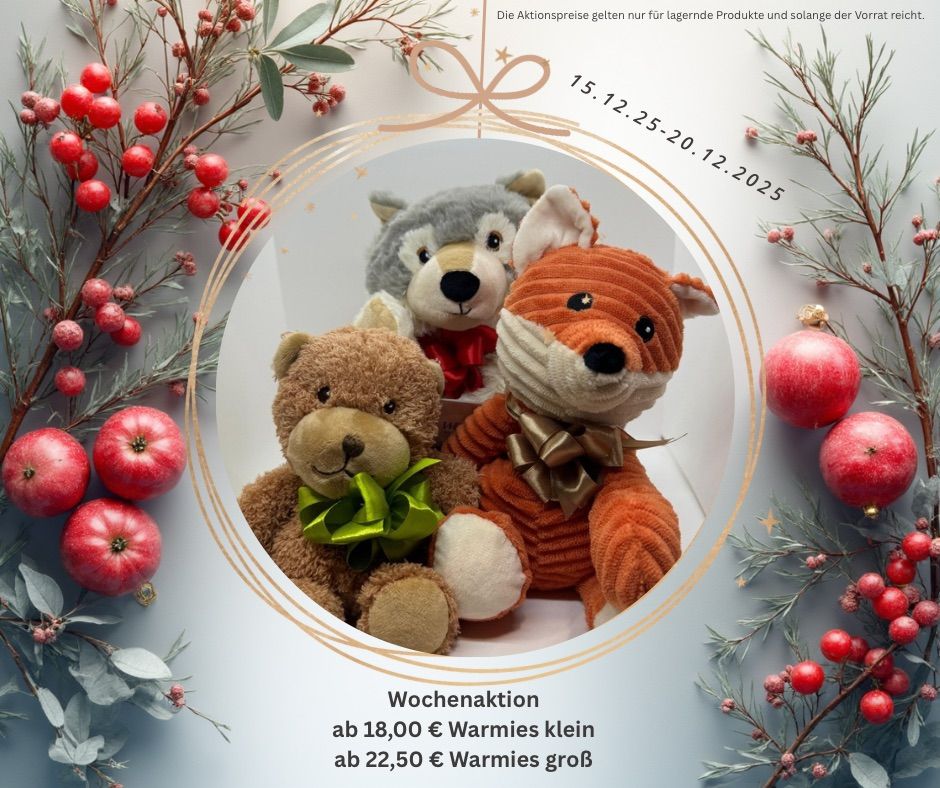 Aktionspreise gültig für vorrätige Produkte bis 15.12.25-20.12.2025. Kleine Plüschtiere ab 18,00 Euro, große Plüschtiere ab 22,50 Euro.