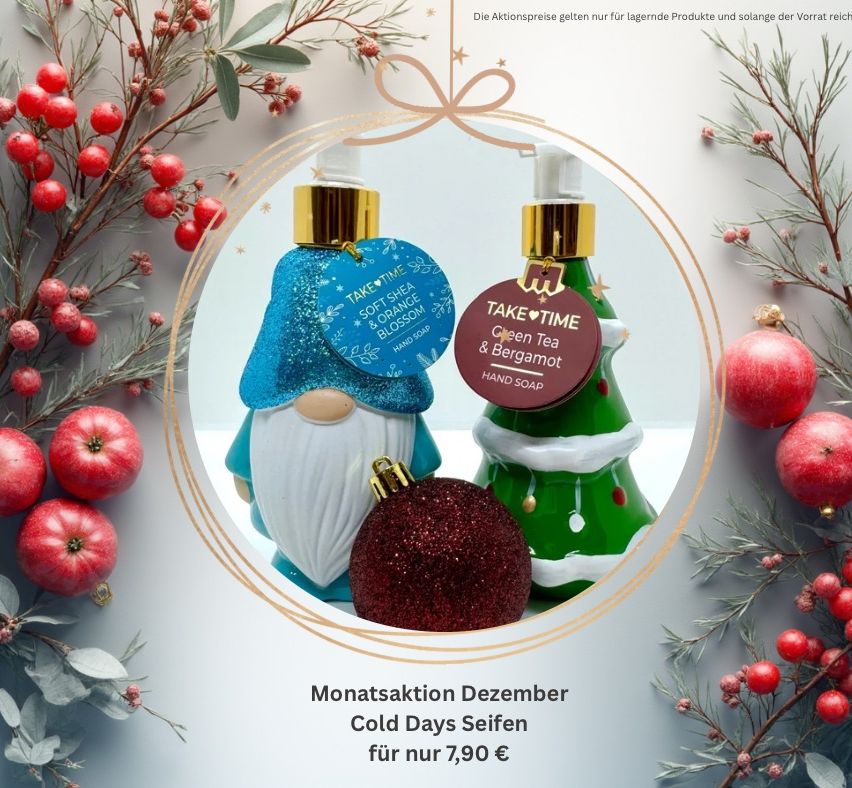 Der Dezember-Monatsaktion bietet Handseifen, eine in Orangenblüte und die andere in Grüntee und Bergamotte, jeweils zum Preis von 7,90 €.