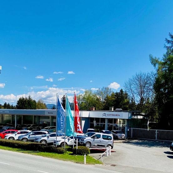 Ein Citroen-Autohaus mit mehreren Autos, die an einem sonnigen Tag mit klarem blauem Himmel und Bäumen im Hintergrund geparkt sind.