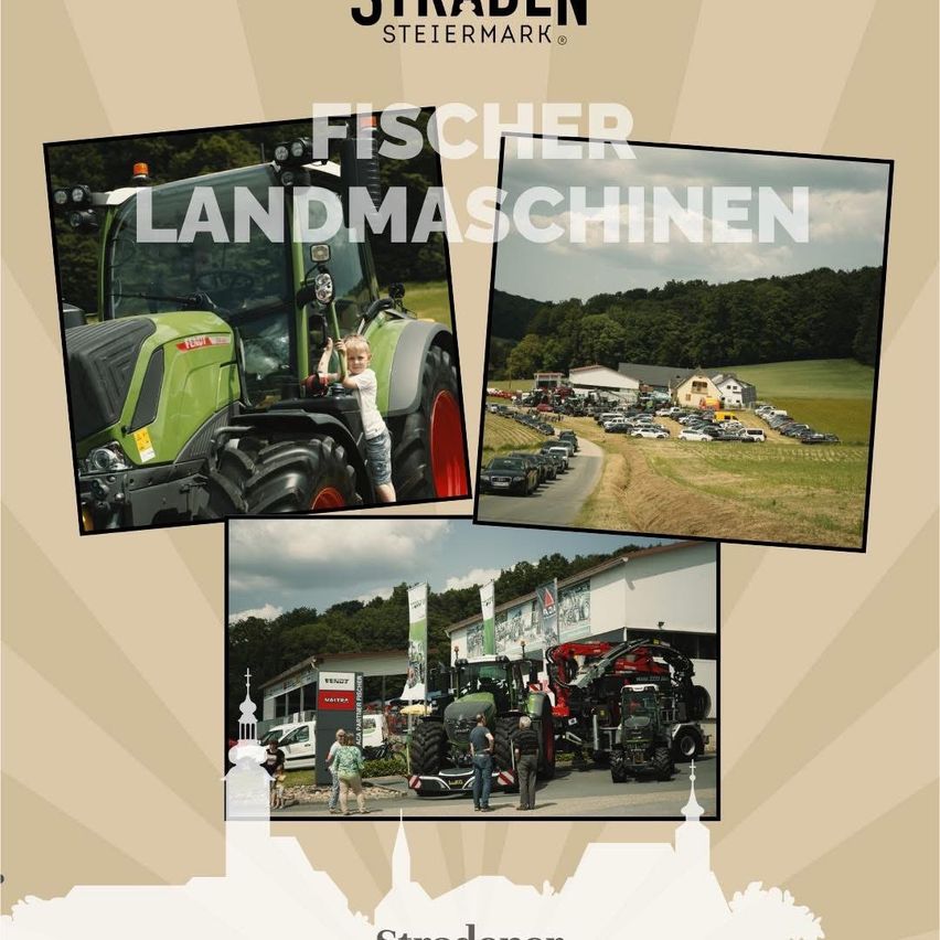 Werbeplakat für Fischer Landmaschinen mit einem grünen Traktor, einem Kind auf dem Traktor, einem Feld mit geparkten Autos und einem Gebäude.