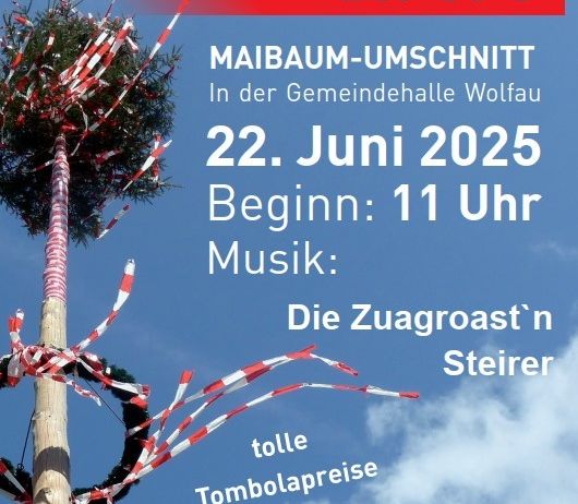 Plakat für Frühschoppen der SPÖ, ein Maibaum-Ereignis am 22. Juni 2025, Beginn um 11 Uhr. Musik von Die Zuagroast'n Steirer, mit tollen Preisen. Veranstaltungsort ist die Gemeindehalle Wolfau.