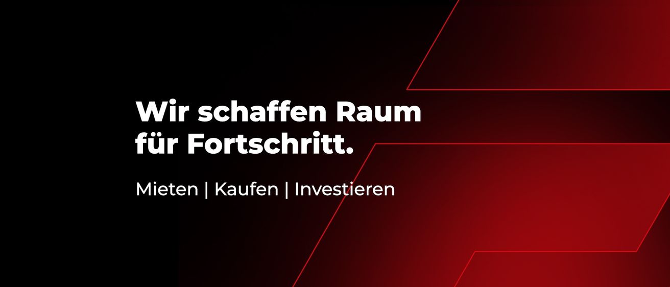 Ein roter und schwarzer Hintergrund mit weißem Text, der 'schaffen Raum Fortschritt' und 'Kaufen Investieren' lautet.