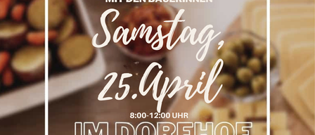 Ein Flyer bewirbt ein Frühstücksevent mit Landwirten, das am Samstag, den 25. April, von 8:00 Uhr bis 12:00 Uhr im Dorfhof, Markt Hartmannsdorf, stattfindet.