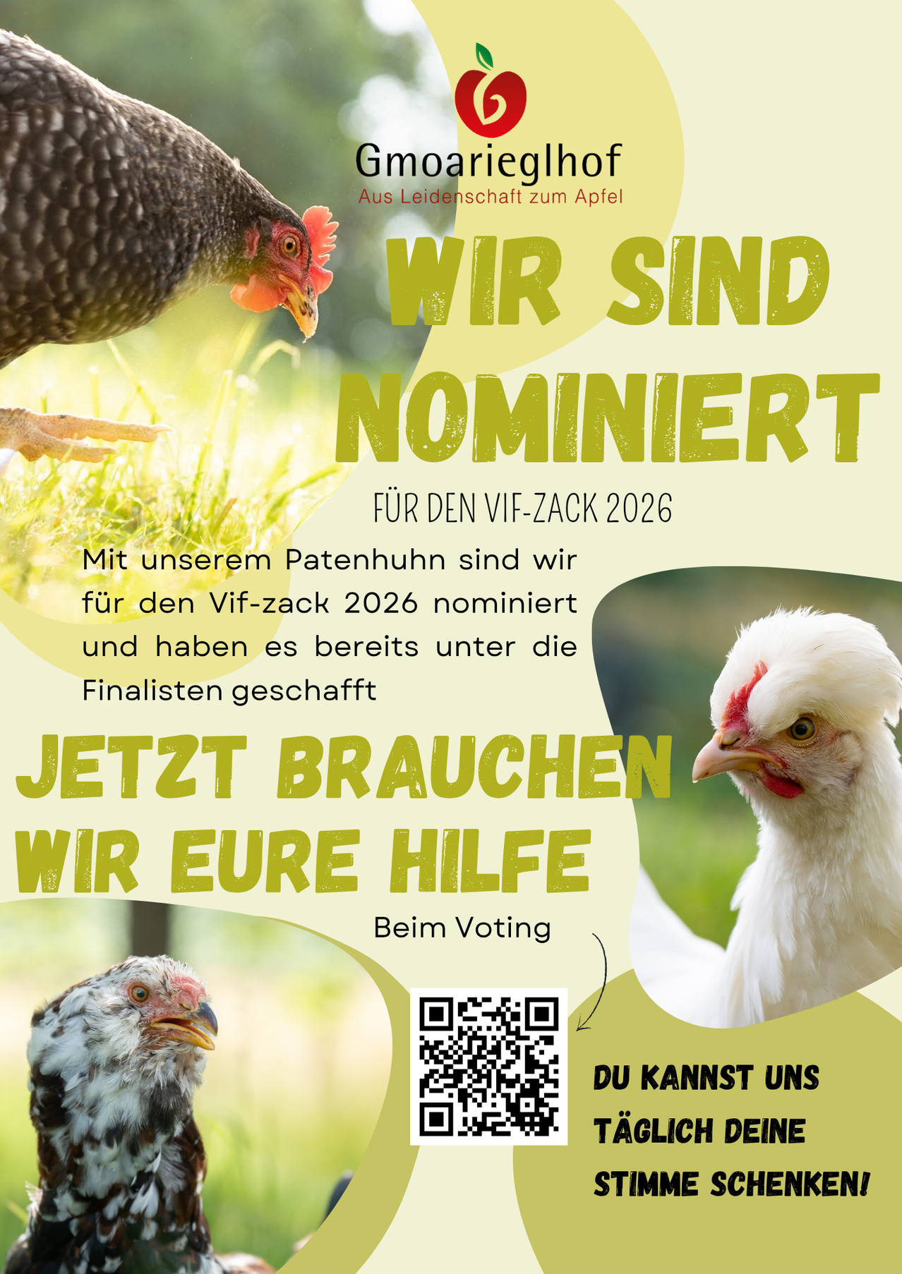 Ein Werbeplakat für eine Nominierung für den Vif-zack 2026 mit Hühnern. Es bittet um Ihre Hilfe bei der Abstimmung. Ein QR-Code ist vorhanden.