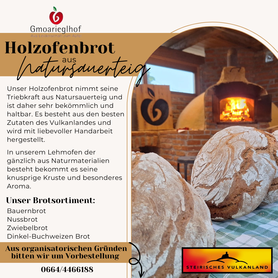 An advertisement for a natural wood-fired oven bread from Gmoariegof. It features a wood-fired oven, bread, and a logo. The text describes the bread's natural ingredients, unique crust, and aroma. It lists the types of bread offered and requests pre-orders.