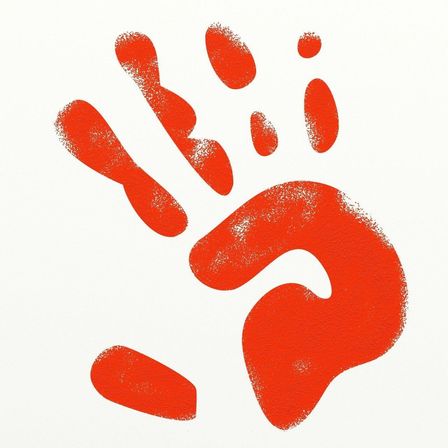 Ein leuchtend roter Handabdruck auf weißem Hintergrund. Die Hand zeigt ausgeprägte Fingerformen mit einer strukturierten Oberfläche.