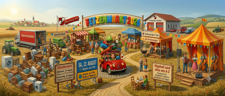 Festemarkt 2026 Veranstaltung in Madstein. Standschilder, ein roter Wagen und Leute genießen Essen und Spiele. Grill ab 11 Uhr.