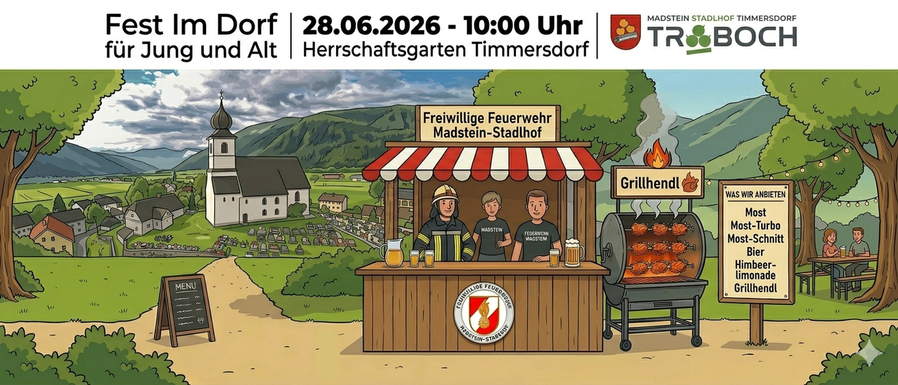 Illustration eines Stands mit Feuerwehrleuten beim Grillen, mit dem Datum 28.06.2026 und dem Ort Timmersdorrf.