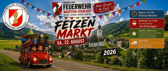 Plakat für die Fetzenmarkt-Veranstaltung 2026 von Madstein-Stadlhof am 22. August mit einem roten Auto, einem Hund und einem Dorf mit Kirche und Häusern.