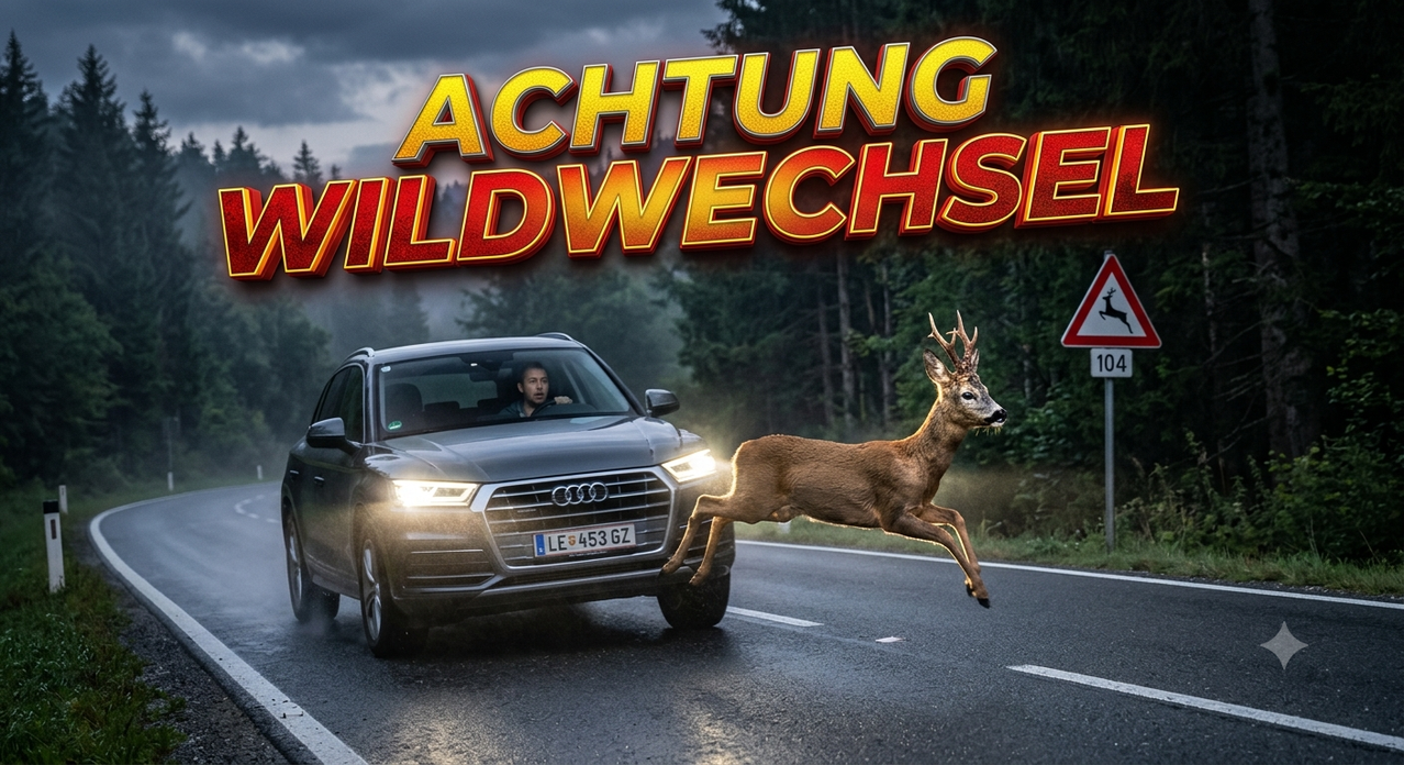 Ein Reh springt vor einen Audi SUV auf einer nebligen Straße mit dem Warnzeichen 'Wildwechsel' auf Deutsch.