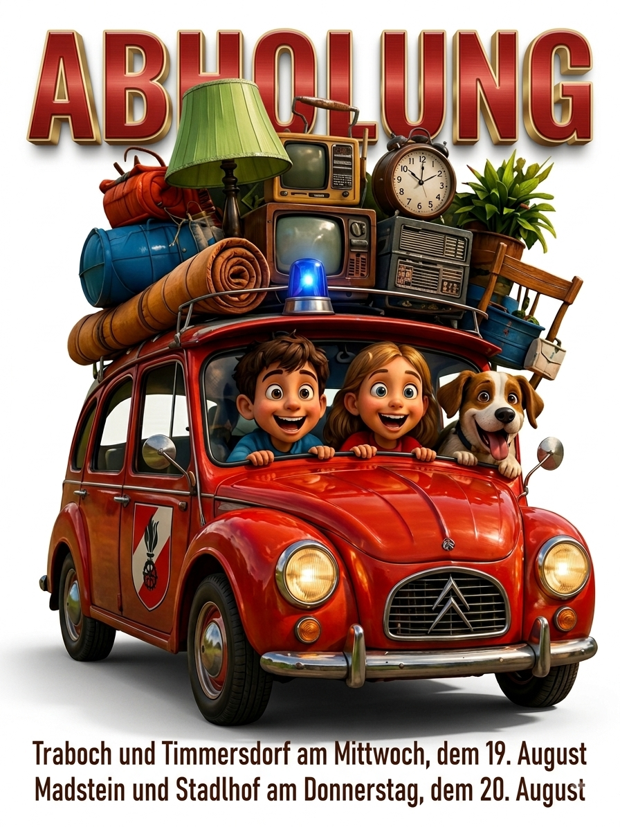 Animated movie poster featuring a red car with a roof rack loaded with various items and three characters inside smiling at the camera.