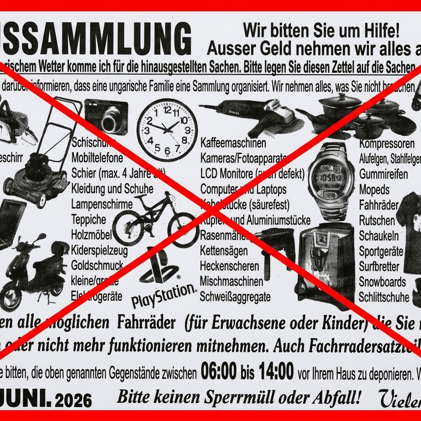 Das Bild ist ein Flyer für die Sammlung nicht funktionsfähiger Gegenstände. Es enthält Elektronik, Kleidung, Fahrräder und mehr. Der Flyer bittet um Spenden und erwähnt eine bestimmte Zeit für die Abgabe.
