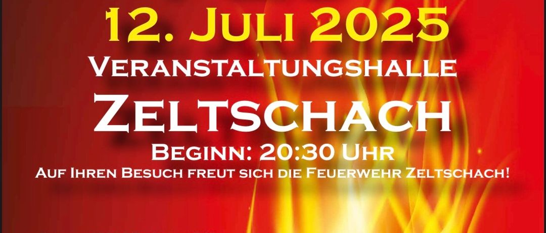 Rotes Plakat für das Sommer Fest am 12. Juli 2025 in der Veranstaltungshalle in Zeltschach. Beginn: 20:30 Uhr. Eintritt: 7 EUR vorher, 10 EUR danach. Musik von Die Sprechy's.