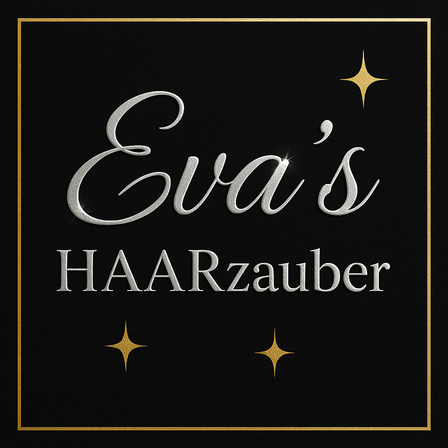 Ein schwarzer Quadrat mit goldenem Rand zeigt den Text 'Eva's HAARzauber'. Das Wort 'Eva's' ist in einer schwungvollen kursiven Schrift und 'HAARzauber' in einer fetten Schrift. Drei Sterne sind um den Text herum angeordnet.