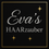 Eva´s HAARzauber-Logo. Ein schwarzer Quadrat mit goldenem Rand zeigt den Text 'Eva's HAARzauber'. Das Wort 'Eva's' ist in einer schwungvollen kursiven Schrift und 'HAARzauber' in einer fetten Schrift. Drei Sterne sind um den Text herum angeordnet.