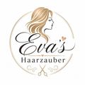 Ein Logo für Evas Haarzauber, das ein stilisiertes Frauengesicht mit langen Haaren und Scheren darunter zeigt. Der Name ist in eleganter Kurschrift mit einem Herz darüber geschrieben.