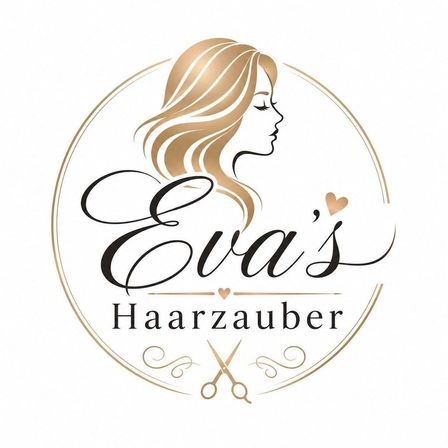 Ein Logo für Evas Haarzauber, das ein stilisiertes Frauengesicht mit langen Haaren und Scheren darunter zeigt. Der Name ist in eleganter Kurschrift mit einem Herz darüber geschrieben.
