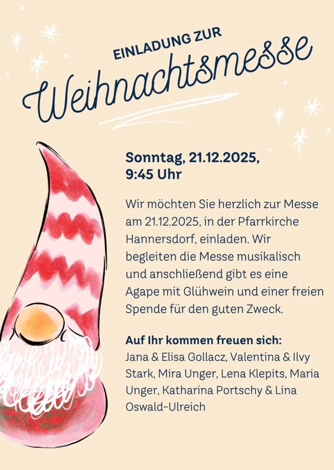 Eine Einladung zur Weihnachtsmesse am 21.12.2025 um 9:45 Uhr. Die Veranstaltung beinhaltet musikalische Begleitung und ein gemeinschaftliches Treffen mit Glühwein und Spenden für einen guten Zweck.