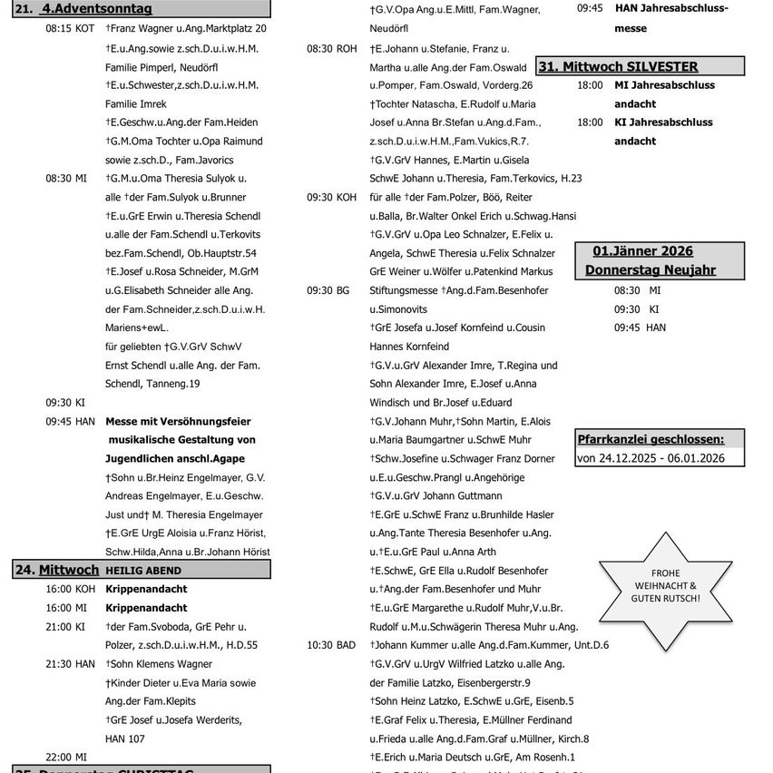 Ein Dokument zeigt einen Zeitplan für Gottesdienste am Mittwoch und Donnerstag mit Datum, Uhrzeit und Teilnehmern. Mittwoch beinhaltet einen Gottesdienst um 08:30 und einen Abendgottesdienst um 09:45. Donnerstag hat einen Gottesdienst um 16:00 Uhr.