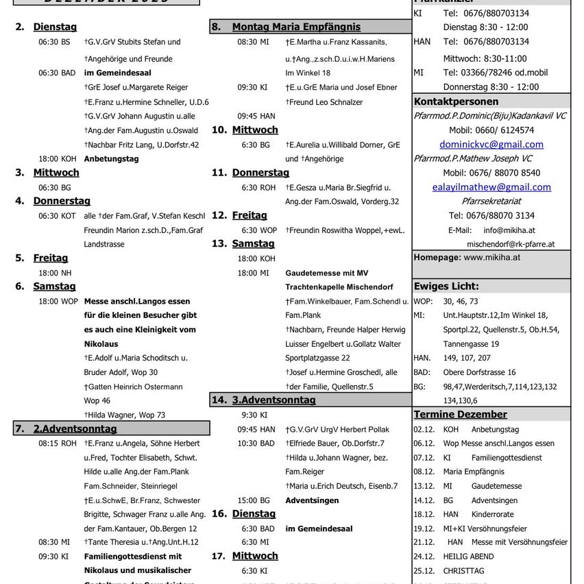 Das Dokument listet verschiedene Aktivitäten und Veranstaltungen für verschiedene Wochentage auf, einschließlich Familientreffen, Gottesdienste und Treffen. Es gibt detaillierte Zeiten und Teilnehmer für jedes Ereignis an, zusammen mit Kontaktinformationen der beteiligten Personen.
