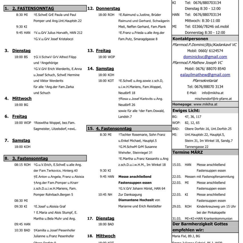 A document listing various days and times for activities, including fastnacht celebrations, with details of who is responsible for each event and contact information for the organizers. It also includes a schedule for MARZ Termine.