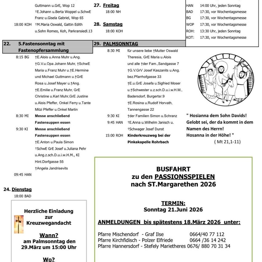 The image is a schedule for Palm Sunday mass services and related activities. It includes times, locations, and names of people involved. It also provides bus transport information for a passion play in St. Margareten.
