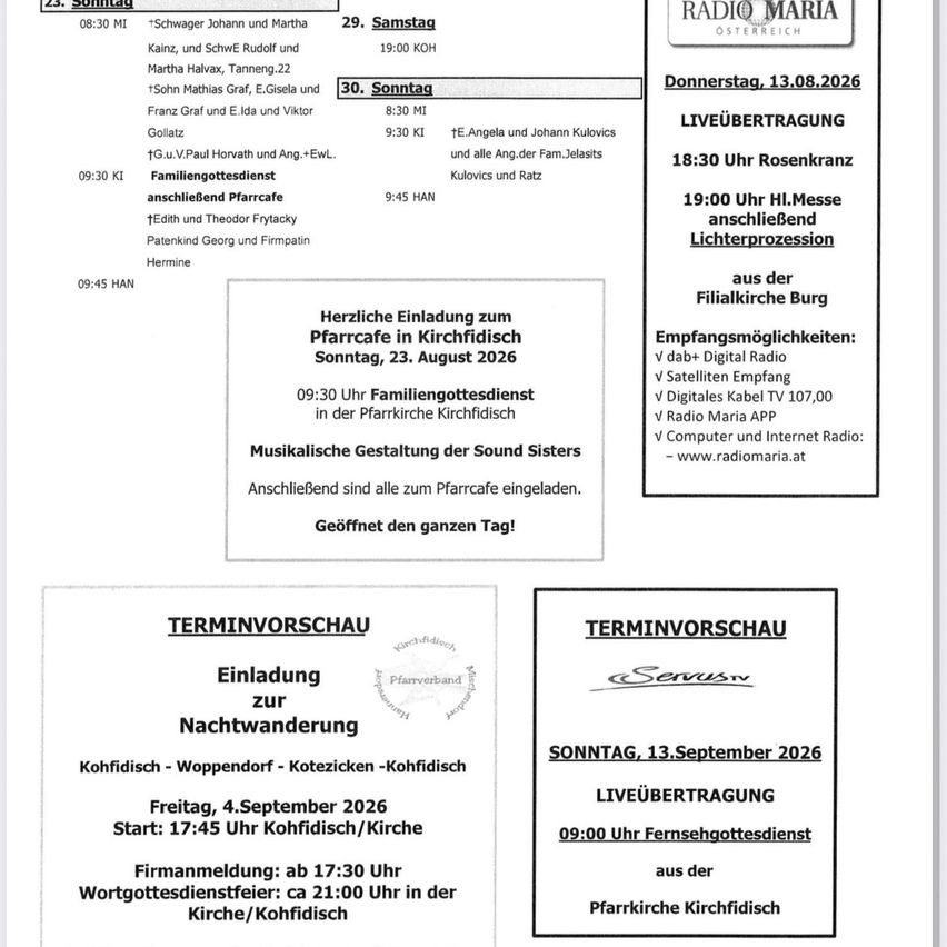 A document with a schedule of church services and events, including family mass, live broadcast, and night prayer. The document is dated August 23, 2026, and includes details about the times and locations of the events.