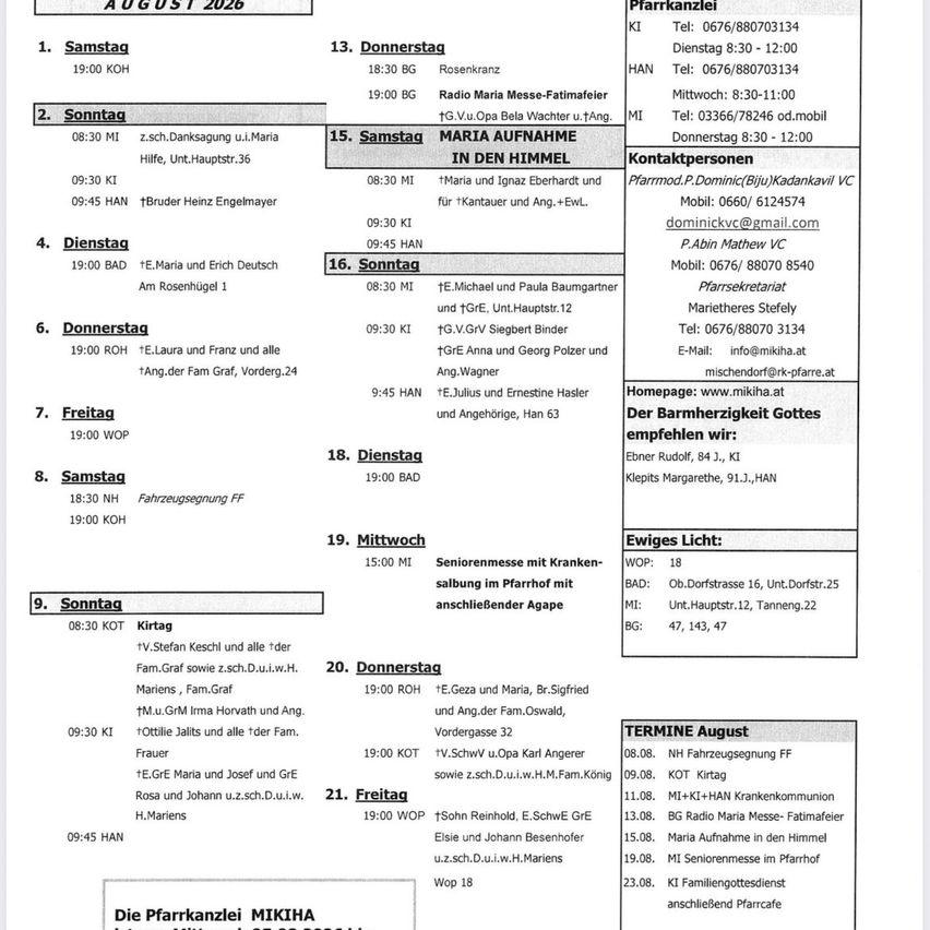 A document titled 'August 2026' lists various events and times for the month, including names of individuals and locations. The document is organized into sections for each day of the week, with specific activities and times noted. It also includes contact information for various individuals and organizations.