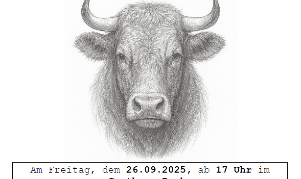 Eine Schwarz-Weiß-Zeichnung eines Stiers mit Hörnern, betitelt 'Kalb & Rind'. Unten steht ein Text über einen Themenabend im Gasthaus Pock, der Gäste einlädt, klassische Gerichte aus Kalb und Rind zu genießen. Datum und Uhrzeit werden angegeben, sowie eine Telefonnummer für Reservierungen.