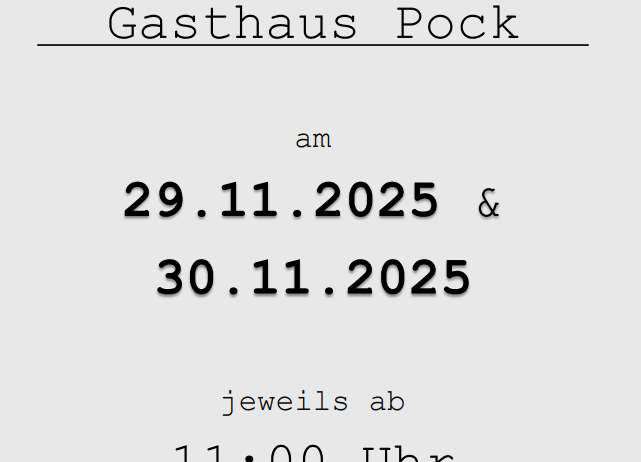 Das Bild enthält eine Mitteilung über eine Sparvereinszahlung im Gasthaus Pock am 29. und 30. November 2025, jeweils ab 11:00 Uhr.