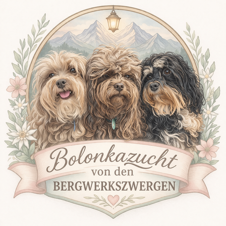 Eine Illustration von drei Hunden, beschriftet mit 'Bolonkazucht von den Bergwerkszwergen', vor einem bergigen Hintergrund mit Blumen.