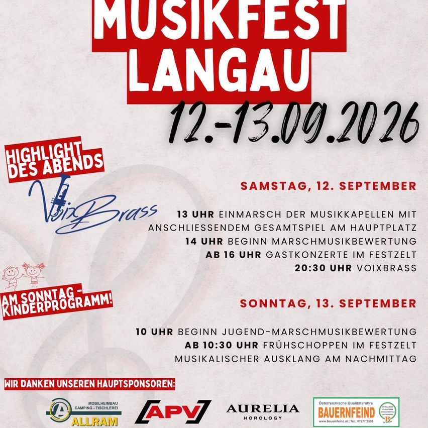 Plakat für das Musikfest Langau vom 12.-13. September 2026. Höhepunkte sind ein Marsch der Musikkapellen um 13 Uhr, Wertungen des Marschmusikwettbewerbs und Abendkonzerte. Samstag mit Kinderprogramm. Sponsoren aufgelistet.