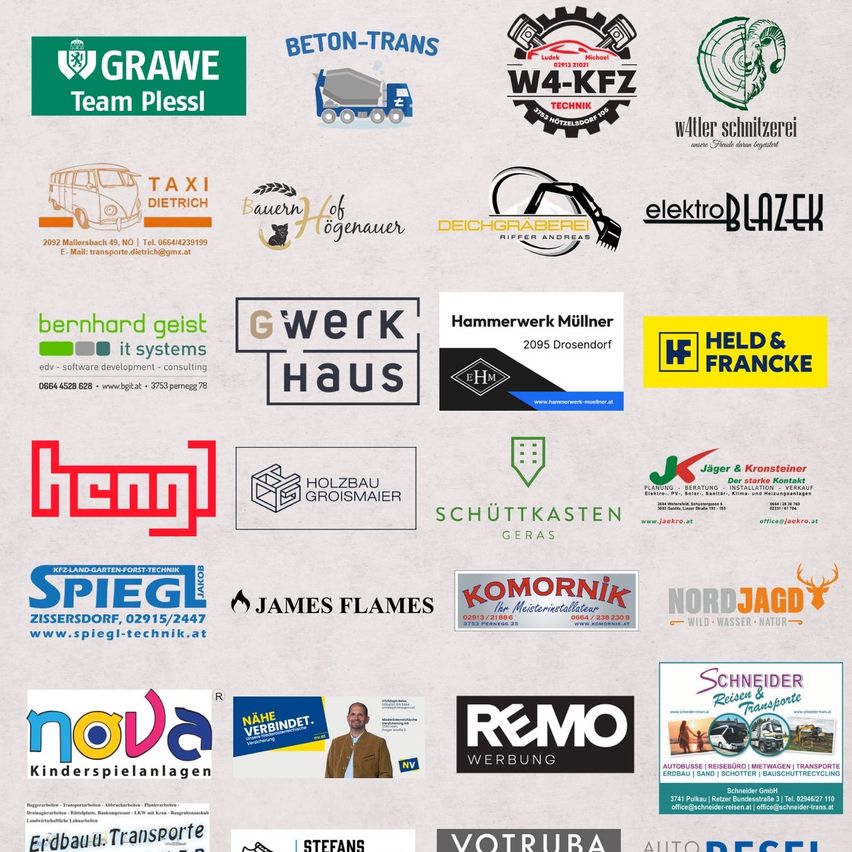 Eine Collage verschiedener Firmenlogos, darunter GRAWE Team Plessl, Beton-Trans, W4-KFZ, Walter Schnitzerei, Taxi Dietrich, Bauernhof Hogenauer, Deichgräberei Riffer Andreas, Elektro Blazek, Bernhard Geist IT Systems, G Werk Haus, Hammerwerk Müllner, HELD & FRANCK, Hem, Holzbau Groismaier, Jäger & Kronsteiner, Spiegel, James Flames, KoMoRnik, NordJagd, Schneider Reisen & Transporte, Nova Kinderspielanlagen, R&MO Werbung, Erdbau & Transporte, Stefans und Votruba Auto Diesel.
