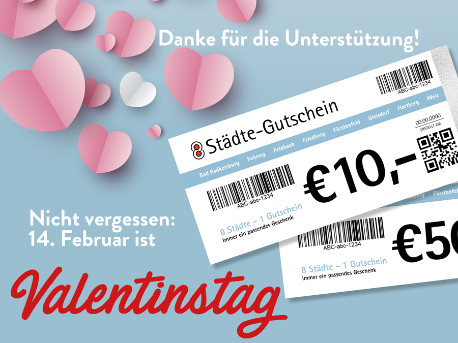 Ein Werbeposter zum Valentinstag mit zwei Gutscheinen mit dem Text '8 Städte - 1 Geschenk' und einem Preis von 10 Euro. Der Hintergrund ist mit pinken Herzformen verziert.