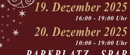 Eine Werbung für einen Adventstand-Event in Laa an der Thaya, Österreich. Die Termine sind der 19. und 20. Dezember 2025, mit Zeiten von 16:00 bis 19:00 Uhr und 10:00 bis 19:00 Uhr. Der Ort ist Parkplatz - Spar, Thermenallee 3.