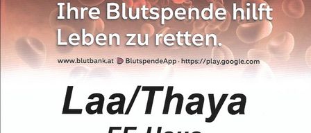 Ein Plakat, das eine Blutspendeveranstaltung am 20. April 2026 im FF-Haus von 16:00 bis 19:30 Uhr bewirbt. Es betont, dass Blutspenden Leben rettet.