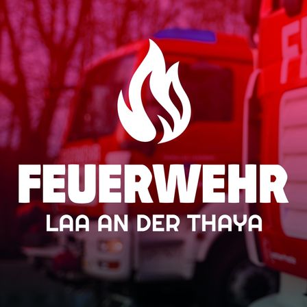 Das Bild zeigt ein Logo für eine Feuerwehr, mit einem Feuerwehrauto im Hintergrund. Das Logo lautet 'FEUERWEHR LAA AN DER THAY', und das Feuerwehrauto ist rot.