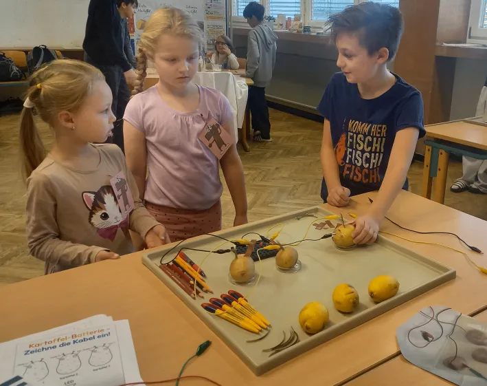 Drei Kinder stehen um einen Tisch herum mit einer Kartoffelbatterie-Experimentaufbau. Der Junge rechts hält eine Kartoffel und verbindet Drähte damit.