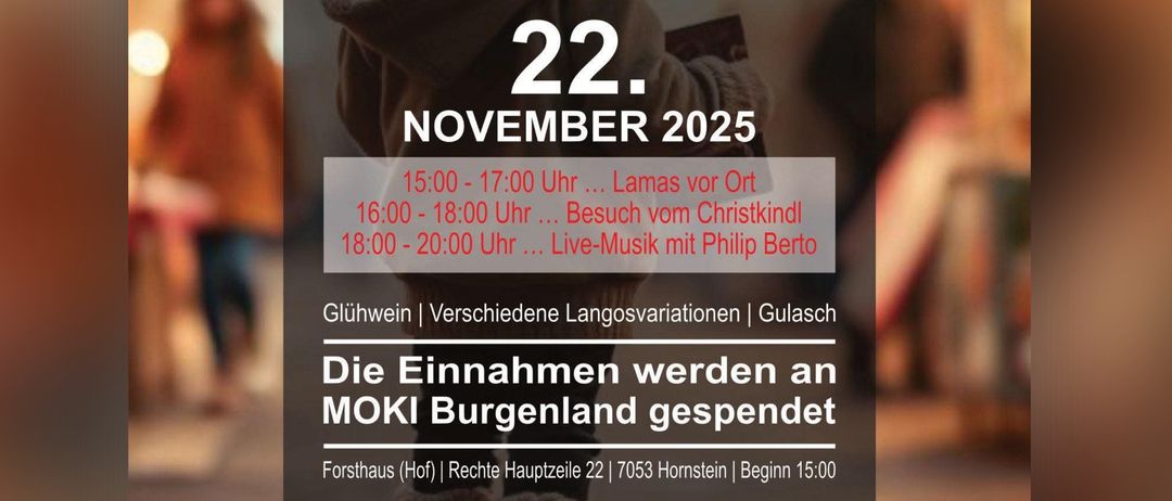 Plakat für den 4. Charity Glühweinstand von Maleri Martinovic. Veranstaltung am 22. November 2025 mit Lamas von Ort, Besuch vom Christkind und Live-Musik von Philip Berto. Die Veranstaltung findet im Forsthhaus, am rechten Haupteingang, um 15:00 Uhr statt.